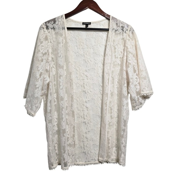Express Sweaters - Express Womens XS Cream Floral Lace Pom Pom Trim Kimono Open Front Cardigan